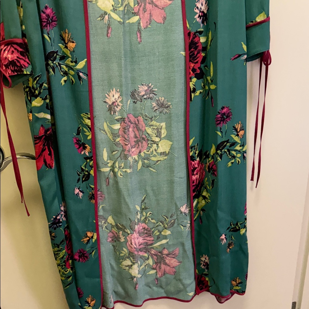 Free People Maxi Green Floral Duster Kimono with Pink Accents Sz. L - Picture 6 of 11